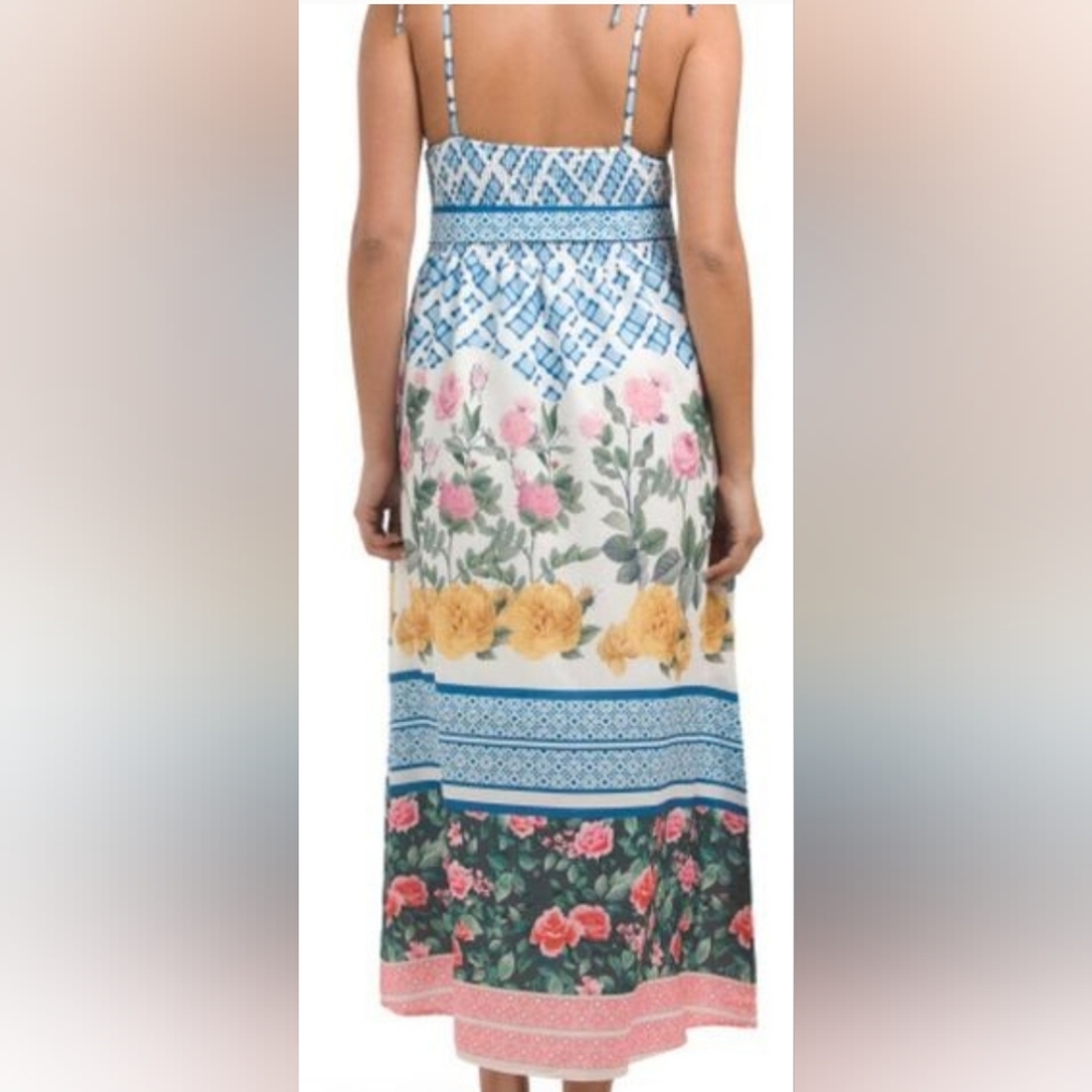 NWT - Dalia MacPhee Multi Floral Tie Shoulder Belted Waist Midi Dress - Size L - Picture 2 of 16